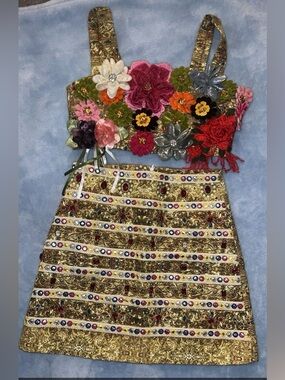 Gold Beaded Floral Embellished A-Line Skirt Set